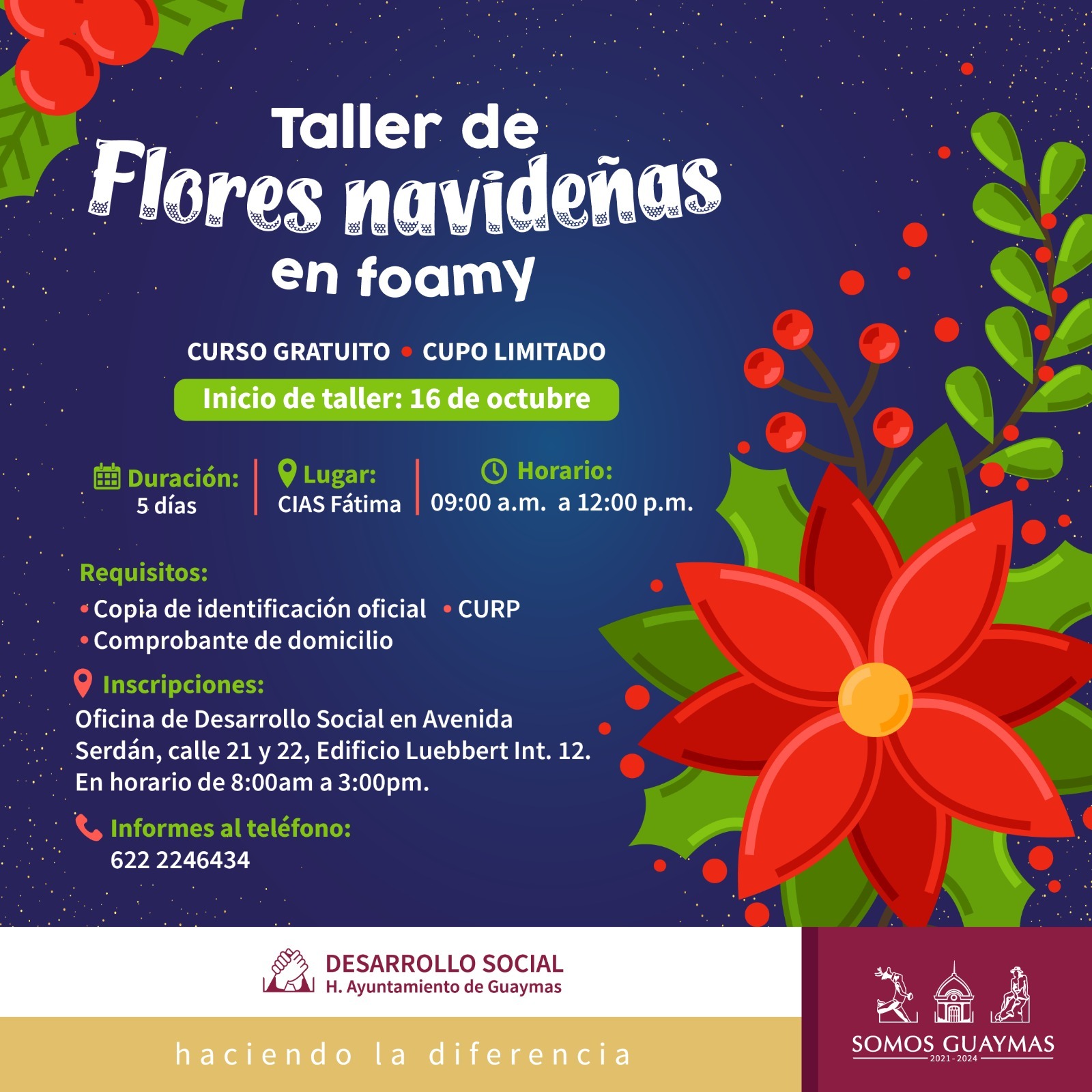 Invita Ayuntamiento de Guaymas a Taller de flores navideñas en foamy.